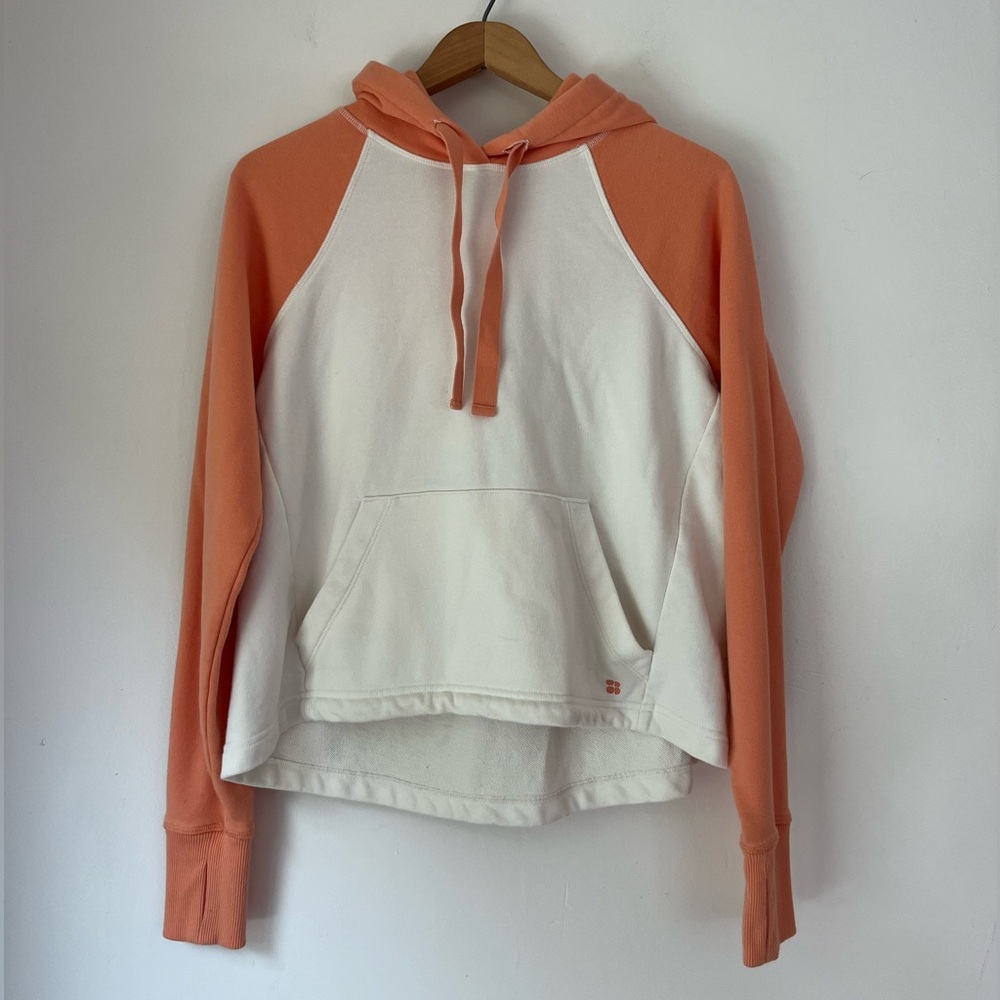 Sweaty Betty hoodie sweatshirt xs orange white raglan pocket cropped womens